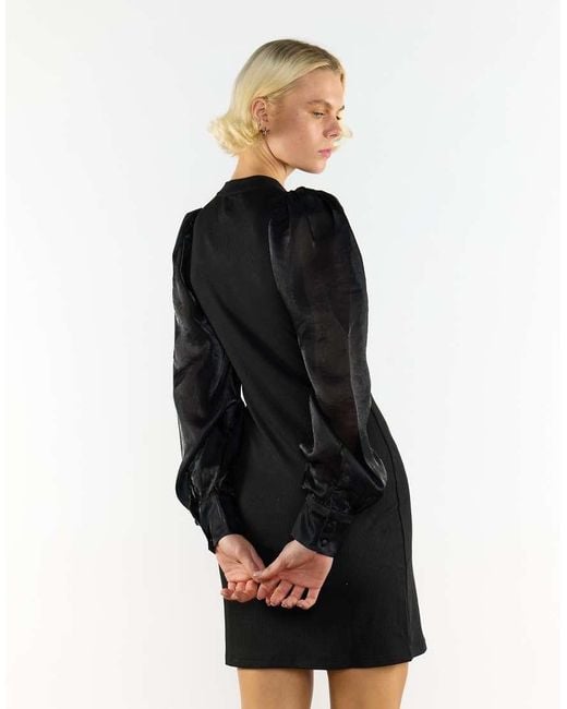 NARRATED Black High Neck Puff Sleeve Mini Dress
