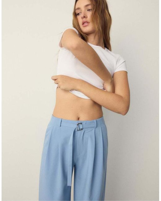 Stradivarius Blue Smart Wide-leg Trousers With Buckle Detail