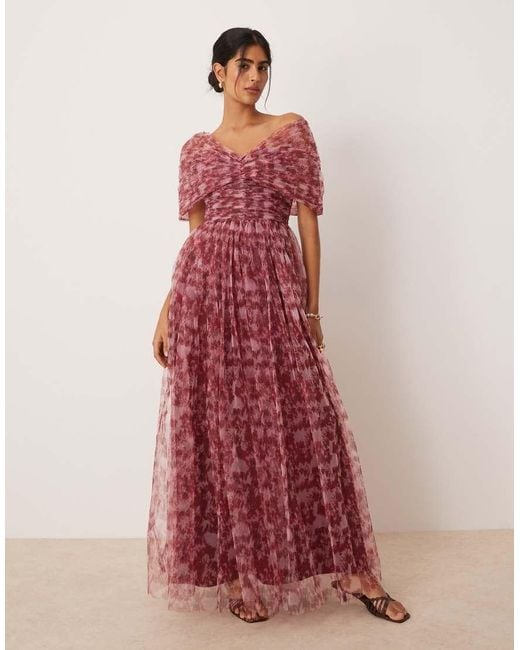 LACE & BEADS Red Bow Off Shoulder Tulle Maxi Dress