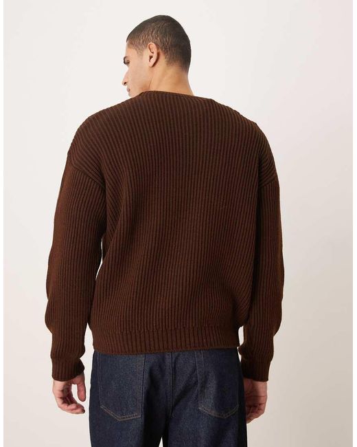 ASOS Brown Relaxed Long Sleeve Knitted Crew Neck Rib Jumper for men