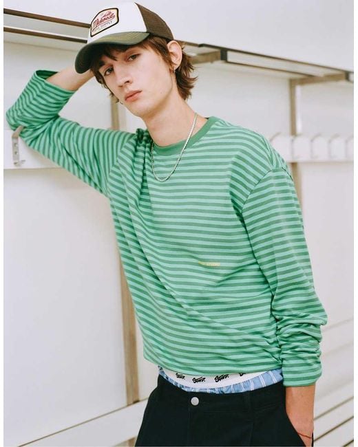 Pull&Bear Green Striped Stwd T-shirt for men