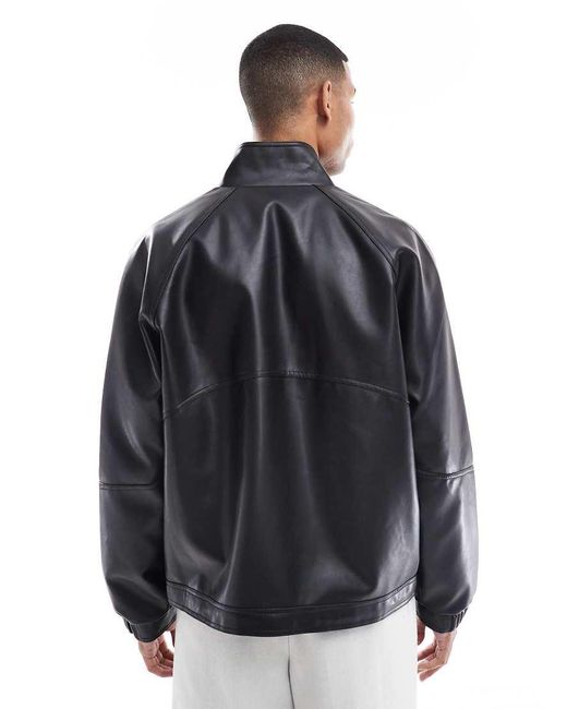 ASOS Blue Faux Leather Bomber Jacket With Funnel Neck for men