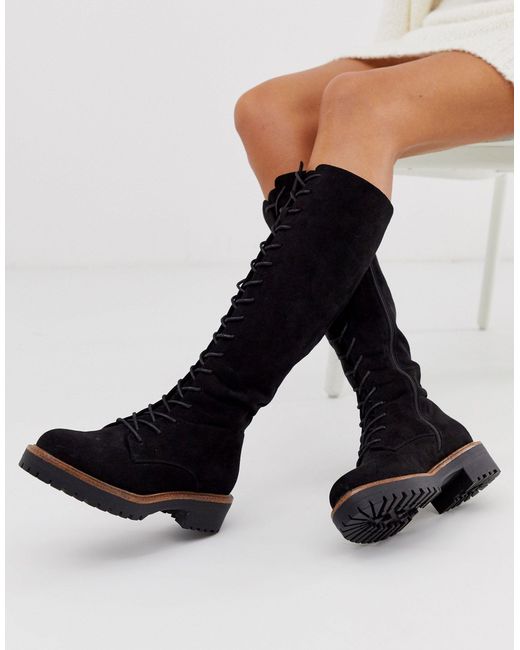 ASOS Black Courtney Chunky Lace Up Knee High Boots