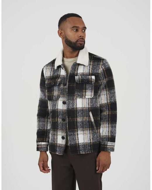 Brave Soul Brushed Check Jacket With Sherpa Collar in Grey for Men ...