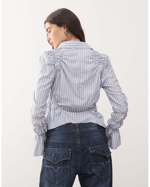 Lioness Blue Manor Shirred Sleeve Detail Button Front Cropped Shirt