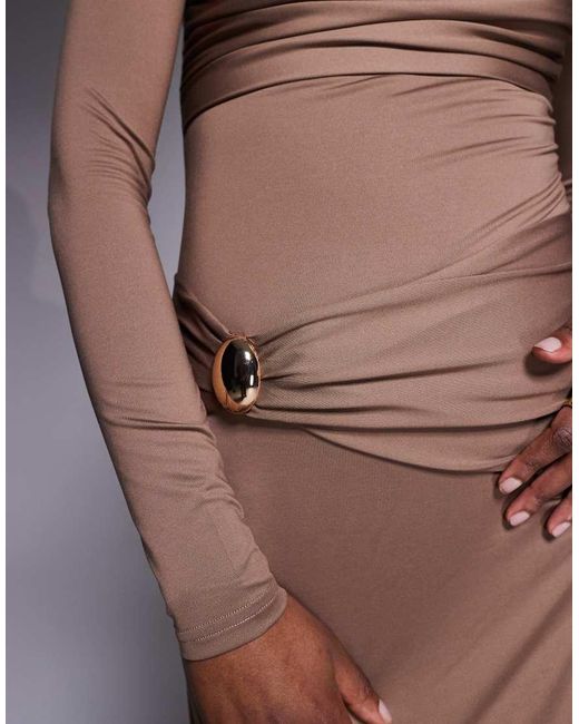 4th & Reckless Natural Slinky Drape Front Metal Detail Ruched Bust Long Sleeve Maxi Dress