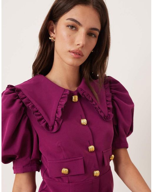 Sister Jane Purple Puff Sleeve Button Front Shirt Mini Dress