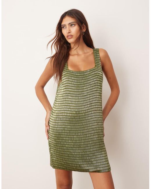 ARRANGE Green Embellished Beaded Square Neck Shift Mini Dress