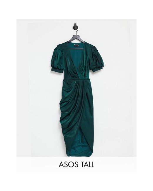 ASOS Asos Design Tall Structured Drape Wrap Midi Dress With Puff Sleeve  Detail in Green | Lyst