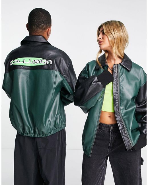 Collusion Green Unisex Faux Pu Track Jacket