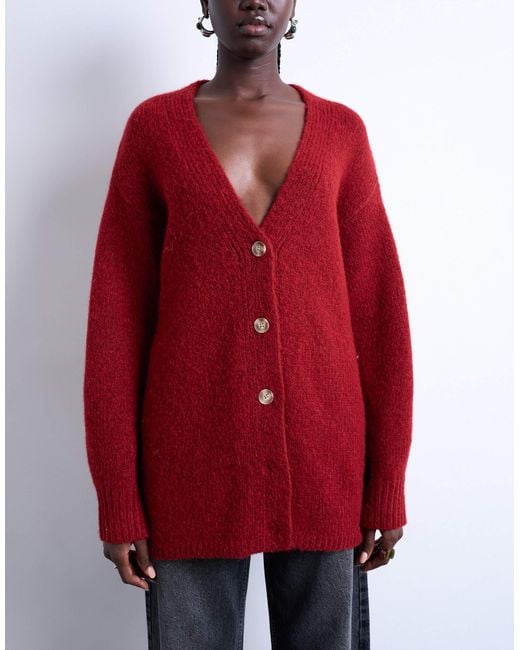 TOPSHOP Red Knit Longline Easy Cardigan