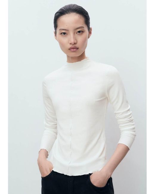 Mango White High Neck Long Sleeve Top