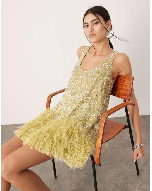 ASOS Natural Embellished Scoop Neck Mini Dress With Faux Feather Hem