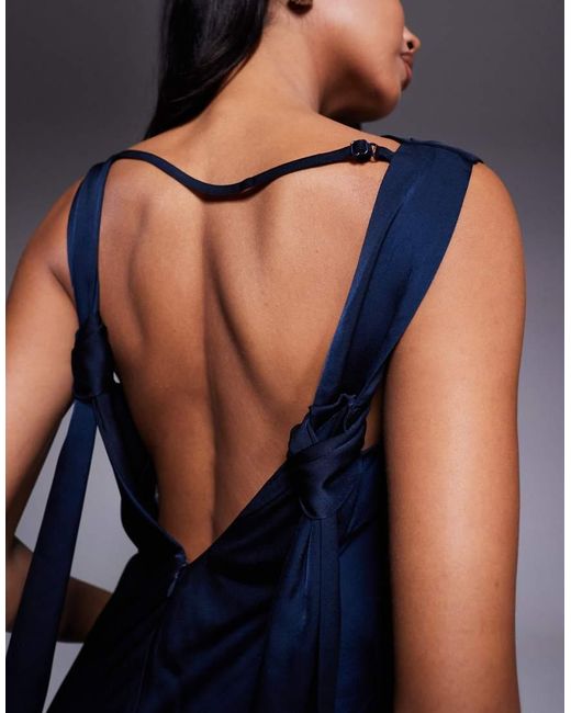 ASOS Blue Satin Drape Neckline Midi Dress With Long Tie Back Detail And Split