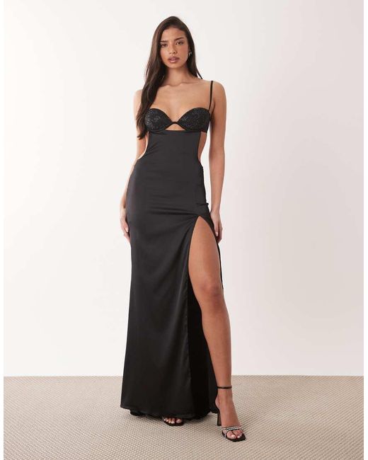 Oh Polly White Premium Satin Thigh Slit Maxi Dress With Embellished Bralette Detailing