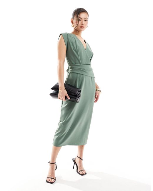 ASOS Green Jersey Twill Sleeveless Wrap Midi Dress