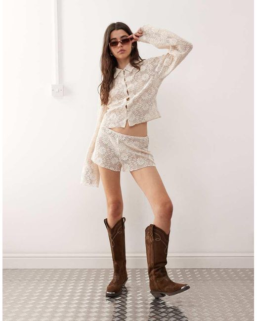 Lioness Natural Babydoll Floral Cotton Crochet Low Rise Shorts