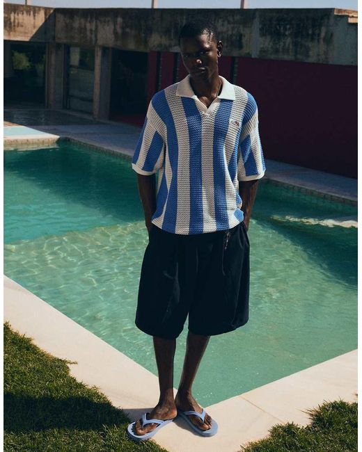 Bershka Blue Short Sleeve Mesh Stripe Polo for men