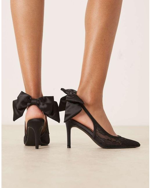 Glamorous Black Pointed High Heeled Court Shoes With Bow Detail