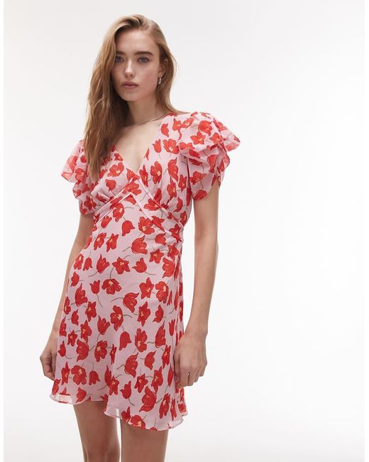 TOPSHOP Schuingesneden Nette Mini Jurk Met Gerimpelde Mouwen En Bloemenprint in het Red