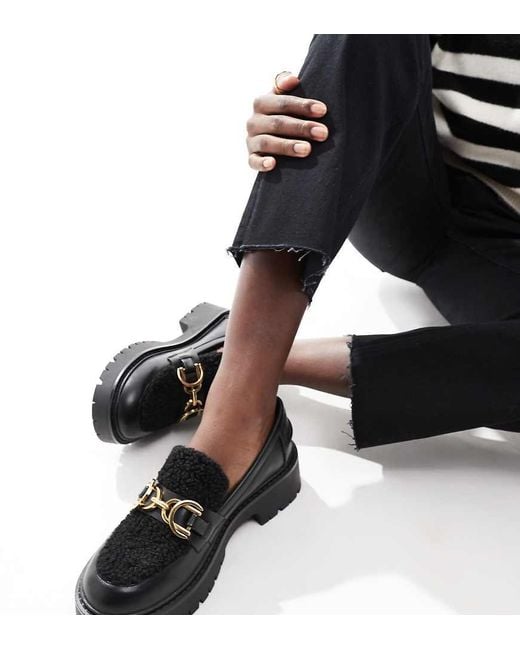London Rebel Black London Rebel Roxy Wide Fit Chunky Loafers With Teddy Fur
