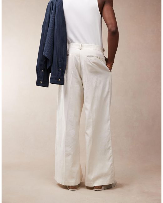 ASOS Blue Smart Loose Leg Linen Blend Trousers With Front Pleat for men