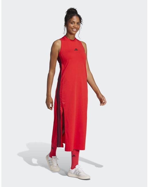 Adidas Originals Red Essentials 3-Stripes Long Racerback Dress