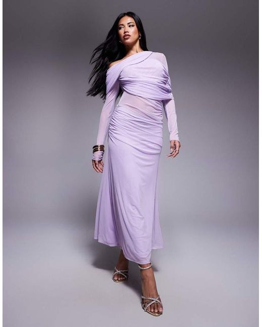 ASOS Purple Long Sleeve Slouchy Bardot Mesh Mix Maxi Dress