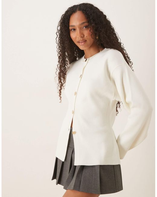 ASOS Natural Knitted Structured Crew Neck Cardigan With Gold Buttons
