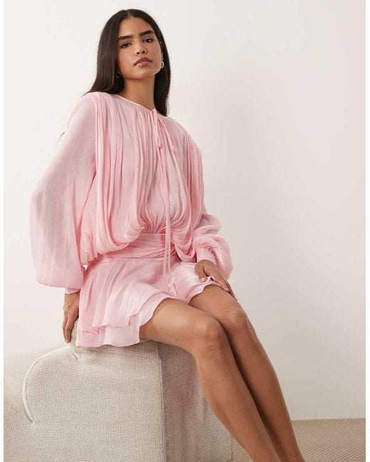 Lioness Pink Elements High Sheen Chiffon Drape Detail Balloon Sleeve Tie Waist Mini Dress