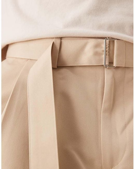 ASOS Natural Smart Belted Wide Leg Trousers With Front Double Pleats for men