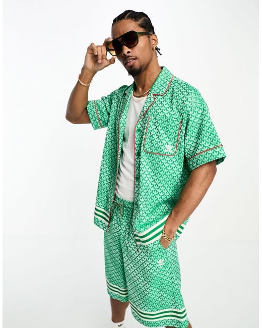 Adidas Originals Green Adicolor 70's Monogram Satin Short Sleeve Shirt for men