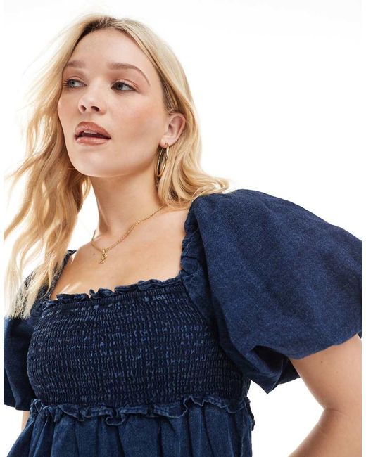 ASOS Blue Soft Denim Puff Sleeve Mini Dress With Shirred Body