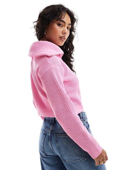 Bershka Pink 1/4 Zip Ribbed Knitted Jumper