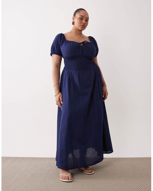 Esmee Curve Puff Sleeve Tie Front Maxi Beach Dress in Blue