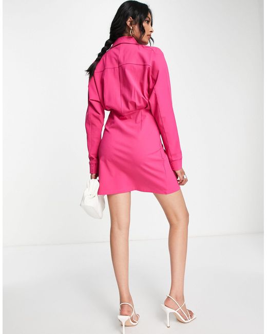ASOS Pink Long Sleeve Mini Shirt Dress With Ruching Detail