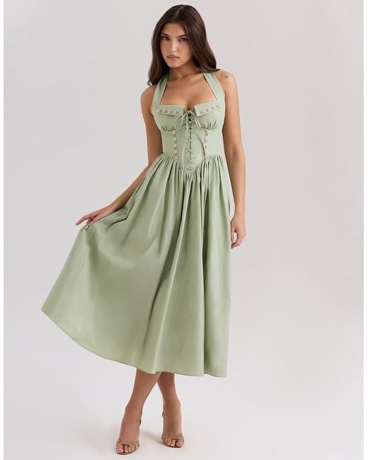 House Of Cb Green Emilia Stretch Cotton Halter Neck Midi Dress
