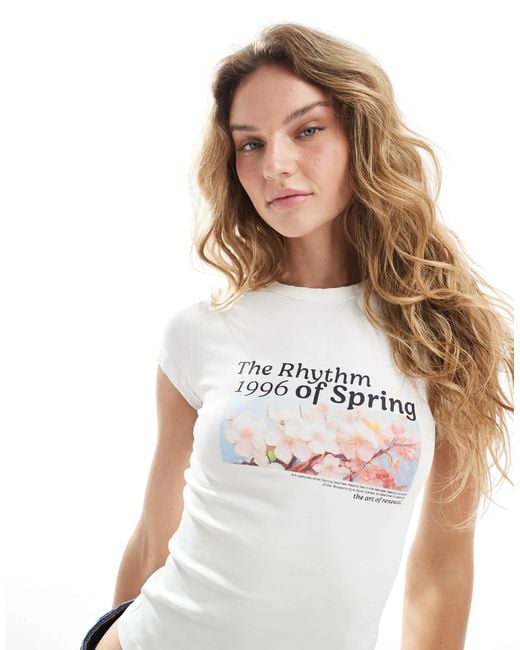 Bershka White Orchid Print Baby Tee