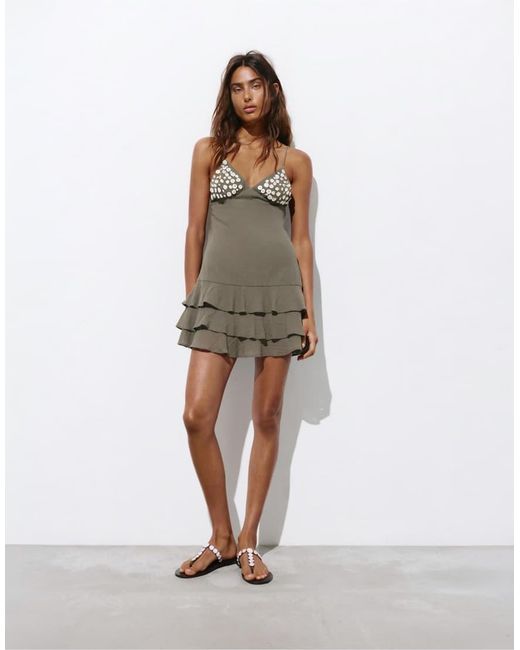 Pull&Bear Green Short Strappy Button Dress