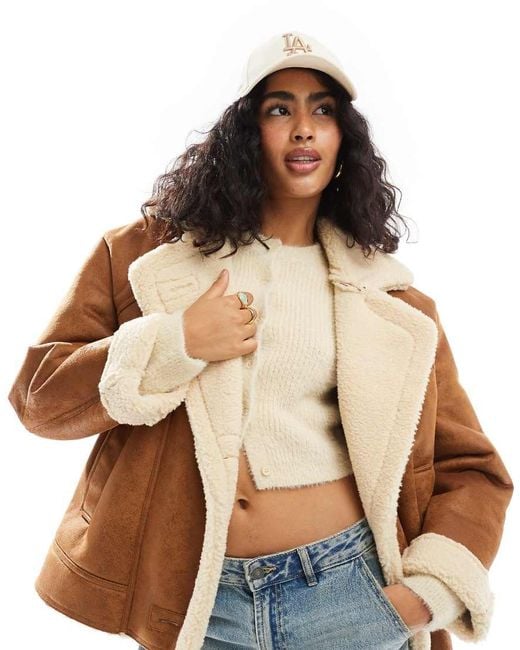 Bershka Brown Oversized Contrast Shearling Jacket