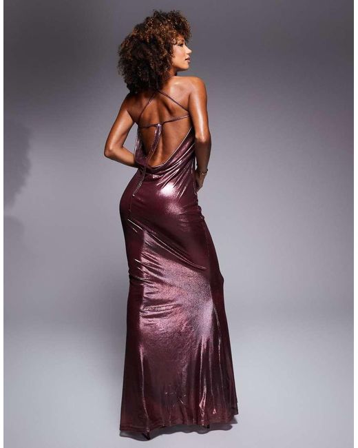 ASOS Purple Shimmer Mesh Bandeau Maxi Dress With Halter Straps And Cowl Back Detail