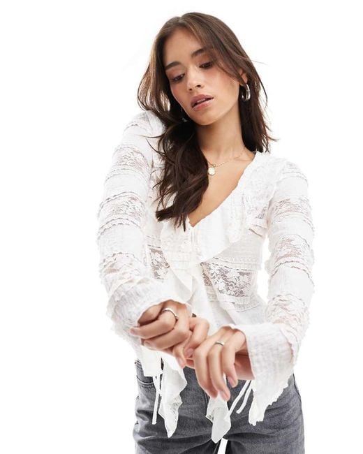 ASOS White Lace Tie Front Ruffle Blouse