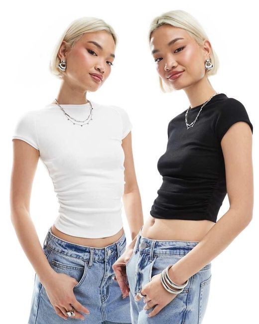 Bershka White Ruched Side Baby Tee Two Pack