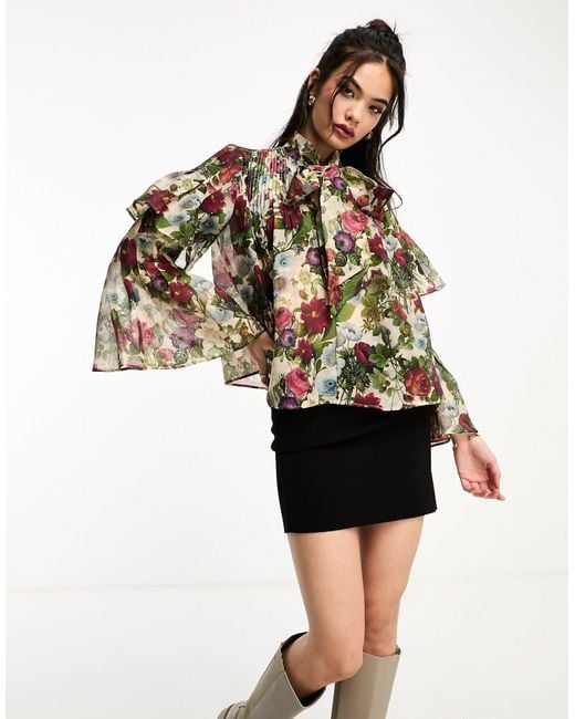 & Other Stories Multicolor Sheer Ruffle V Neck Tie Blouse With Bell Sleeves