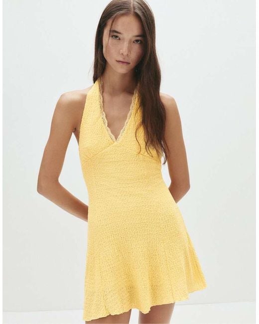 Pull&Bear Yellow Short Textured Halter Neck Dress