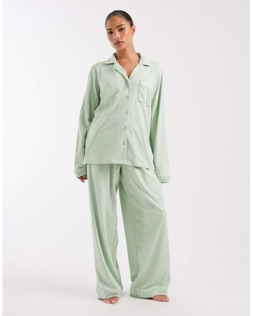 Loungeable Petite Green Super Soft Jersey Revere Top And Wide Leg Pyjama Set