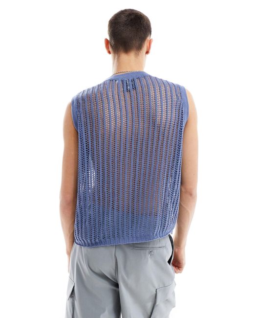 Collusion Blue Crochet Knitted Oversized Vest for men
