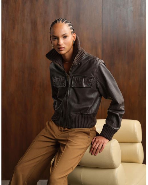 ASOS Brown Washed Real Leather Cropped Jacket
