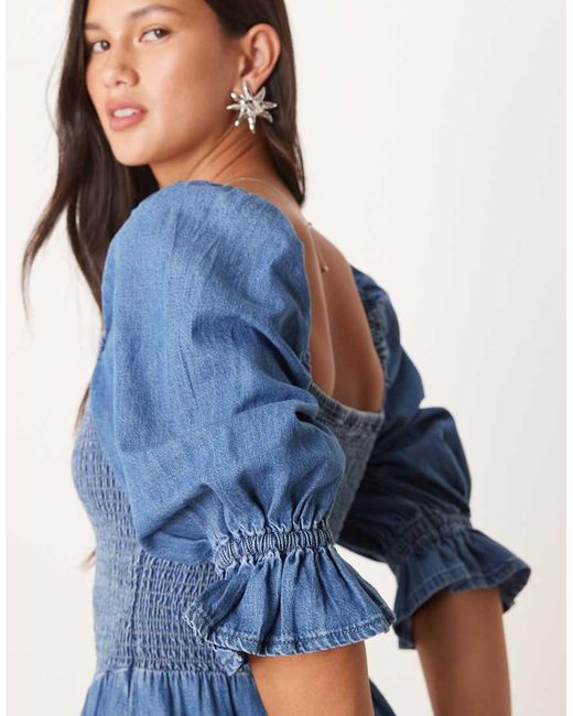 ASOS Blue Soft Denim Puff Sleeve Maxi Dress With Shirring