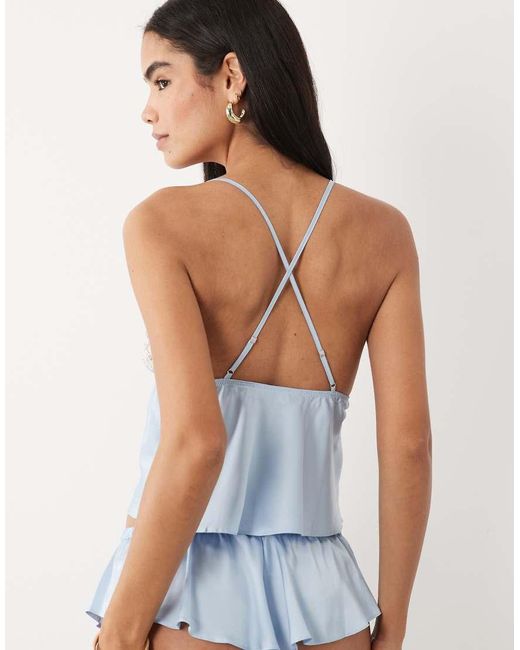 Boux Avenue Blue Nyra Satin Cami With Floral Lace Trim Detail